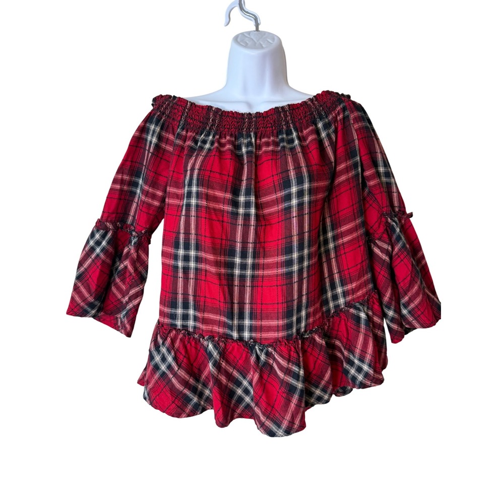 Red Plaid Off Shoulder Top Ruffle Hem Flared Bell Sleeve Blouse Medium M Holiday